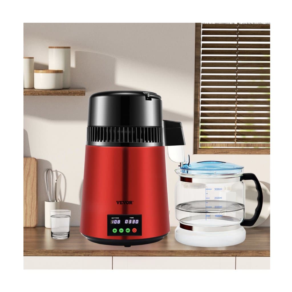 literes vízlepárló, 1 liter/óra, 750 W-os desztilláltvíz-gép 0-99 óra hőmérséklet-beállítási kijelzővel, 304-es rozsdamentes acél, asztali üveglepárló, kancsótisztító por, 3 darabos csomag, szén, piros