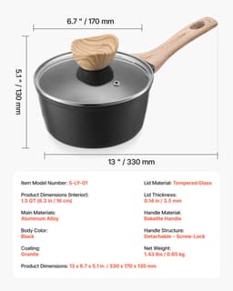 1.5 QT Lábas Tapadásmentes Lábas Üveg Fedővel és Levehető Nyéllel, Fekete - miniatúra 11
