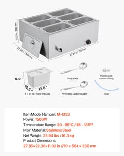 Kereskedelmi ételmelegítő, 6 serpenyős, 1500 W-os, pultra helyezhető büfé bain marie fedővel - miniatúra 11