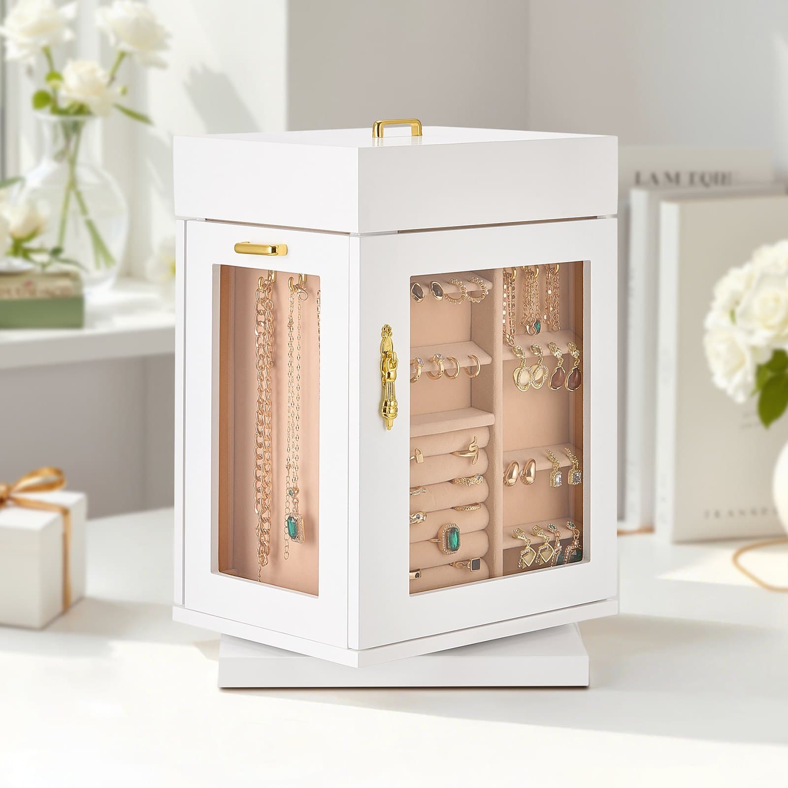 Ékszerdoboz 360°-ban forgó ékszerrendező 4 nyakláncakasztóval, fehér