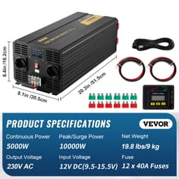 Tiszta szinuszhullámú inverter 5000 W-os DC12V-ról AC230V-ra átalakító LCD kijelzővel - miniatúra 10