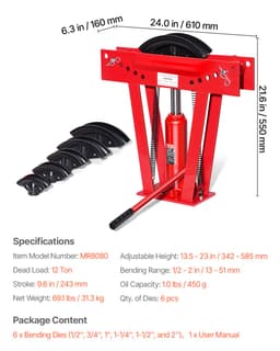 Hidraulikus csőhajlító, 12 tonnás kézi réz kipufogócső-hajlító gép 6 matricával (1/2" - 2") és 90 - 180°-ban állítható görgőkkel, nagy teherbírású csőhajlító csővezeték-korlátépítéshez - miniatúra 11