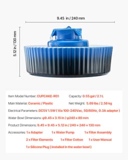 Kerámia macska itatókút, 2,1 literes Cupcake kisállat itatókút, porcelán macska itató ultra csendes pumpával, 360°-os ivóterülettel és többrétegű szűrőrendszerrel, macskák és kutyák itatására (kék) - miniatúra 11