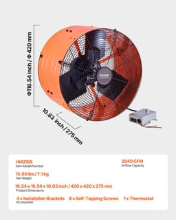 Oromzatra szerelhető ventilátor, 16 hüvelykes padlásra való elszívó ventilátor állítható termosztáttal és külső hálóval, 2940 CFM házszellőztető akár 4200 négyzetláb hűtésére, csendes szellőzés tetőre, garázsba és üzletbe, élénk narancssárga - miniatúra 11