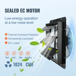Zsaluzós elszívó ventilátor, 356 mm hőmérséklet-páratartalom-szabályozóval, EC-motorral, 1024 CFM, változtatható sebességű, állítható fali padlásventilátor, szellőztetés és hűtés üvegházakhoz, garázsokhoz, fészerekhez - miniatúra 8