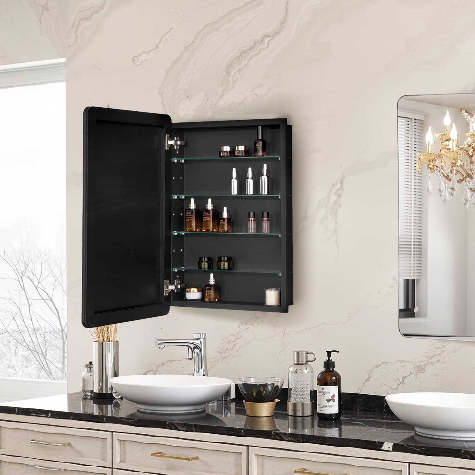 Gyógyszeres szekrény, 20 x 30 hüvelyk, Fürdőszobai gyógyszeres szekrény tükörrel, Alumínium keretes fürdőszobai fali szekrény, 4 rétegű állítható polcok, Süllyesztett és falra szerelhető telepítés