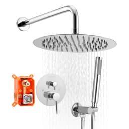 Zuhanycsaptelep szett, Rainfall fürdőszobai zuhanyrendszer 10 hüvelykes (25,4 cm-es) kerek esőztető zuhanyfejjel és kézi zuhanyfejjel, fali kádszerelvények sárgaréz szeleppel és díszléccel, ezüst króm - miniatúra 2