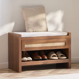 Rattan pad, 30,9"-os rattan cipőpad, előszobai pad fiókkal és vászon ülőpárnával, bohém farmház stílusú pad kézzel szőtt rattanból, előszobába, hálószobába, nappaliba, konyhába - miniatúra 1