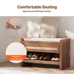 Rattan pad, 30,9"-os rattan cipőpad, előszobai pad fiókkal és vászon ülőpárnával, bohém farmház stílusú pad kézzel szőtt rattanból, előszobába, hálószobába, nappaliba, konyhába - miniatúra 8