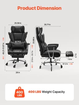 Vezetői irodai szék, magas háttámlájú szék lábtartóval és levehető karfákkal, ergonomikus íróasztal szék nagy rugalmasságú habpárnával, PU bőr forgószék munkához, tanuláshoz, játékhoz, fekete - miniatúra 7