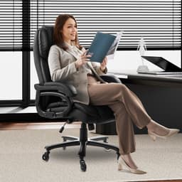 Vezetői szék, magas háttámlájú irodai szék gombos vezérlésű deréktámasszal, ergonomikus íróasztal szék állítható dőlésszöggel és magassággal, PU bőr forgószék munkához, tanuláshoz, játékhoz, fekete - miniatúra 1