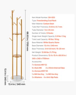 Kabáttartó, Szabadon Álló Kabáttartó Állvány Kvarckő Talppal és 9 Akasztóval, Szabadon Álló Előszobai Kabáttartó Előszobába, Hálószobába, Irodába, Nappaliba, Modern Ruhatartó Kabáthoz, Sapkához, Sálhoz, Táskához - miniatúra 11