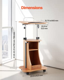 Pódiumállvány, 1100 mm-es fa pulpitus, hordozható laptopasztal rögzíthető kerekekkel, széles olvasófelülettel és nyitott tárolóhellyel, állítható magassággal és szöggel, beszédekhez, előadásokhoz vagy prezentációkhoz - miniatúra 8