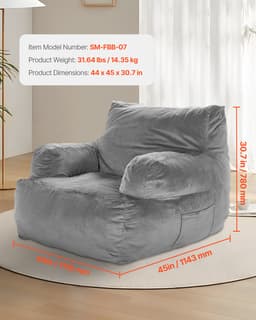 Babzsákfotel, Babzsák kanapéfotel karfákkal felnőtteknek, bolyhos plüss és nagy sűrűségű habbal töltve felnőtt babzsákfotel reteszelővel, kényelmes lusta kanapéfotel, ideális nappaliba, hálószobába, szürke - miniatúra 6