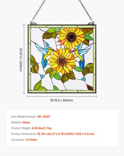Ólomüveg ablakpanel, 502 x 520 mm, Tiffany stílusú függő felülvilágító ablakpanel lánccal, nagy függőleges téglalap alakú ólomüveg, vintage hagyományos művészeti kézműves termékek konyhai lakberendezéshez - miniatúra 11