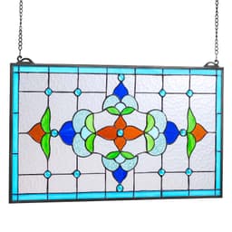 Ólomüveg ablakpanel, 664 x 402 mm, Tiffany stílusú függő felülvilágító ablakpanel lánccal, nagy vízszintes téglalap alakú ólomüveg, vintage hagyományos művészeti kézműves termékek konyhai lakberendezéshez - miniatúra 12