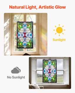 Ólomüveg ablakpanel, 433 x 731 mm, Tiffany stílusú függő felülvilágító ablakpanel lánccal, nagy függőleges téglalap alakú ólomüveg, vintage hagyományos művészeti kézműves termékek konyhai lakberendezéshez - miniatúra 8