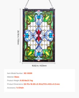 Ólomüveg ablakpanel, 433 x 731 mm, Tiffany stílusú függő felülvilágító ablakpanel lánccal, nagy függőleges téglalap alakú ólomüveg, vintage hagyományos művészeti kézműves termékek konyhai lakberendezéshez - miniatúra 11