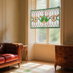 Ólomüveg ablakpanel, 810 x 433 mm, Tiffany stílusú függő felülvilágító ablakpanel lánccal, nagy vízszintes téglalap alakú ólomüveg, vintage hagyományos művészeti kézműves termékek konyhai lakberendezéshez - miniatúra 1