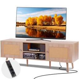 Rattan TV-állvány 65"-os (165,1 cm-es) TV-hez, bohém TV-állvány beépített aljzattal, tölgyfa - miniatúra 2