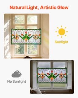 Ólomüveg ablakpanel, 810 x 433 mm, Tiffany stílusú függő felülvilágító ablakpanel lánccal, nagy vízszintes téglalap alakú ólomüveg, vintage hagyományos művészeti kézműves termékek konyhai lakberendezéshez - miniatúra 8