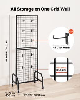 Rácsos falpanel, 600 x 1640 mm-es drótrácsos panelek, mozgatható művészeti bemutató polc kerekekkel és 10 akasztóval, fekete szénacél rácsfal kézműves kiállításhoz, dekorációhoz, tároláshoz, hirdetőtáblához - miniatúra 6