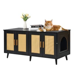 Macskaalomtartó 2 macskának, Rejtett alombútor rattan díszítésű ajtókkal, Fa macskadoboz szekrény, Alomdoboz nagy részéhez illeszkedik, 119,2"H x 48,5"SZ x 53,5"M, Fekete - miniatúra 2
