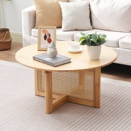Rattan dohányzóasztal, kerek rattan szőtt fa dohányzóasztal gumifa tetejjel, 33 hüvelykes modern bohém kör alakú tárolós dohányzóasztal természetes fa lábakkal, nappaliba, hálószobába és kis helyiségekbe - miniatúra 1