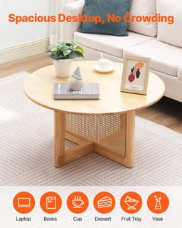 Rattan dohányzóasztal, kerek rattan szőtt fa dohányzóasztal gumifa tetejjel, 33 hüvelykes modern bohém kör alakú tárolós dohányzóasztal természetes fa lábakkal, nappaliba, hálószobába és kis helyiségekbe - miniatúra 8