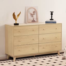 6 fiókos komód, tolóajtós, billenésgátlóval ellátott, modern minimalista komód, gardróbszekrény-rendszerező nappaliba, előszobába, hálószobába, előszobába, világos fa - miniatúra 1