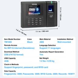 Időóra, alkalmazotti jelenlét-ellenőrző gép ujjlenyomattal, RFID-vel és PIN-kóddal egyben, önálló biometrikus óra a gépben alkalmazottak számára kisvállalkozásoknak 5 RFID-kártyával és havi díj nélkül - miniatúra 11