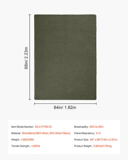 Gyapjú kempingtakaró 1,62x2,23m / 64" x 88" Meleg kempingezéshez, túrázáshoz, katonai zöld - miniatúra 11