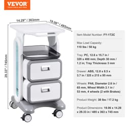 3 szintes laborkocsik, laborkocsi 2 fiókkal és 1 felső tálcával, mobil orvosi kocsi ABS anyagból, laborguruló kocsi 4 csendes kerékkel laborba, klinikára, kórházba, szalonba, fehér - miniatúra 11