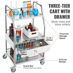 Laboratóriumi tálalókocsi, 3 rétegű rozsdamentes acél guruló kocsi, orvosi kocsi fiókkal, fogászati kocsi zárható kerekekkel, laboratóriumi, kórházi, fogászati használatra - miniatúra 9