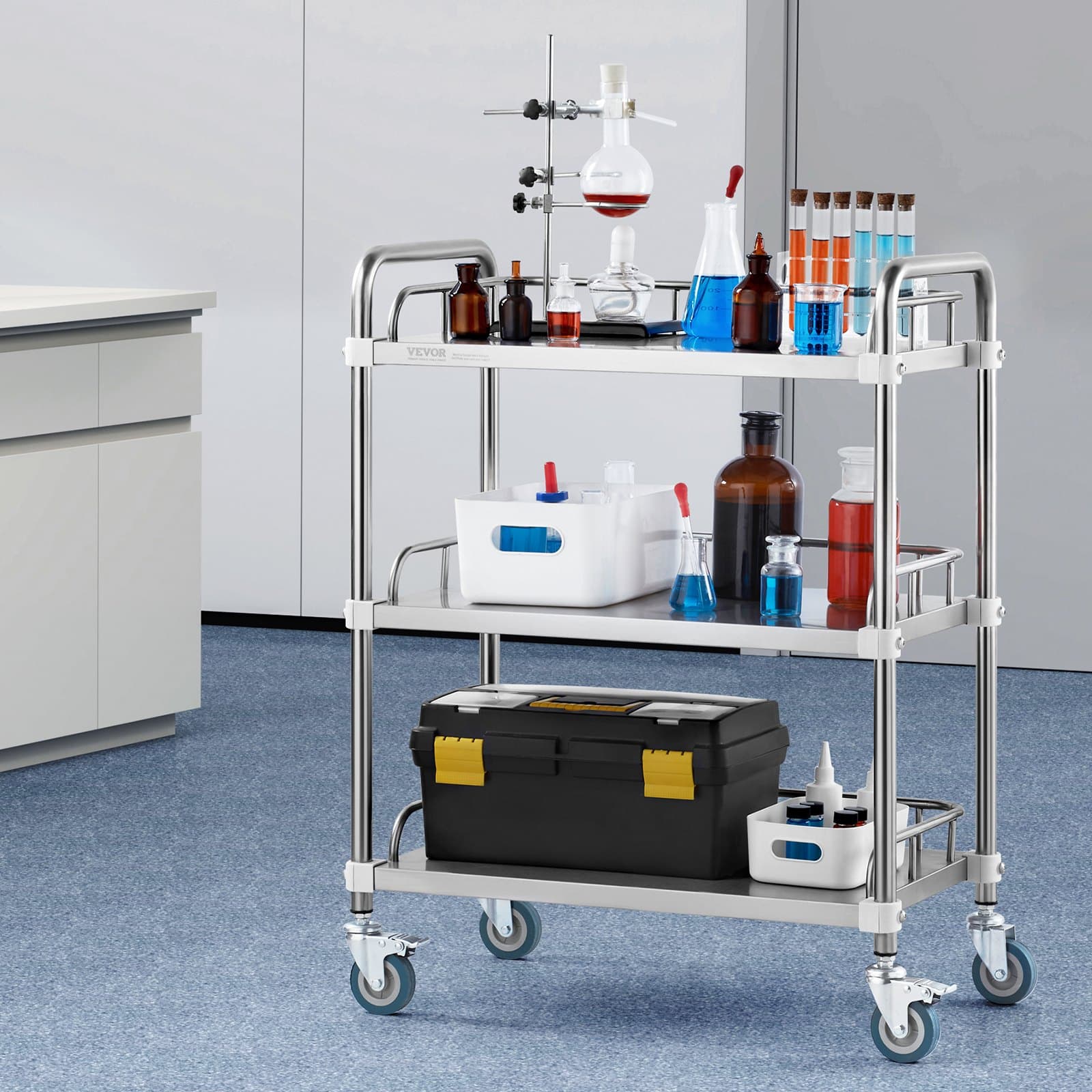 Laboratóriumi guruló kocsi, 3 polcos rozsdamentes acél guruló kocsi, laboratóriumi tálalókocsi forgó görgőkkel, fogászati eszközkocsi klinikára, laborba, kórházba, szalonba, 70 x 395 x 867 mm