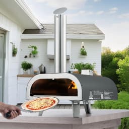Kültéri pizzakemencé, 12 hüvelykes fatüzelésű pizzakemencék, pellet pizzakemence hőmérővel, hordozható pizzakészítő kültéri kerti terasz kempingezéshez, pizzasütő kő, hordtáska, lapát, fekete - miniatúra 1