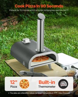 Kültéri pizzakemencé, 12 hüvelykes fatüzelésű pizzakemencék, pellet pizzakemence hőmérővel, hordozható pizzakészítő kültéri kerti terasz kempingezéshez, pizzasütő kő, hordtáska, lapát, fekete - miniatúra 6