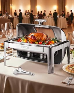 Roll Top Chafing tál, komplett büfékészlet, 9 literes, 1 csomag rozsdamentes acél chafing tál 2 félméretű edénnyel, téglalap alakú vendéglátóipari melegítő tálca látható fedéllel, víztálca, összecsukható állvány, üzemanyagtartó, ezüst - miniatúra 2