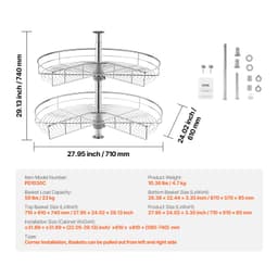 28"-os vese alakú króm sarokrendező, 360°-ban forgatható konyhai alsószekrény vak sarok, 2 szintes, állítható magasságú tárolóállvány, szénacél lusta susan pótpolc szekrénysarokhoz - miniatúra 11