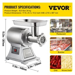 8500 W-os, ipari rozsdamentes acél, 204,1 kg-os húsdaráló, vágópengés tányér, kolbásztöltő - miniatúra 11