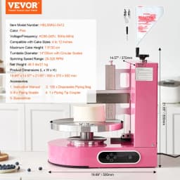 Tortadíszítő gép, tortakrém-kenésű gép, halk tortafazógép, forgótányér állítható kaparóval, 4"-12"-os tortához, 25-320 fordulat/perc forgási sebesség, rózsaszín - miniatúra 11