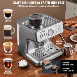 Espresso kávéfőző őrlővel, 15 bar nyomású félautomata eszpresszó kávéfőző tejhabosítóval, gőzölőpálcával, kivehető víztartállyal és nyomásmérővel cappuccino, latte és machiato készítéséhez, PID vezérlőrendszerrel - miniatúra 8