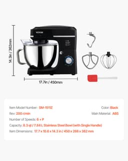 Álló mixer, 8.3QT tésztakeverő, 1400W 6+P sebességfokozatú dönthető fejű ételmixer rozsdamentes acél tállal, dagasztóhoroggal, habverővel, lapos keverővel, kaparóval, háztartási álló mixer sütéshez és keveréshez, fekete - miniatúra 11
