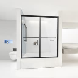 Kádas zuhanyajtó, 142-152 cm széles x 152 cm magas, félig keret nélküli dupla tolóajtó kádhoz, félig keret nélküli bypass kádajtó 6 mm-es törésálló edzett üveggel és rozsdamentes acél fogantyúval, fekete - miniatúra 1