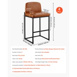 4 db-os bárszék szett, 68 cm-es pultmagasságú bárszék, modern PU bőr bárszék háttámlával, fém lábakkal, könnyen összeszerelhető karfa nélküli bárszék, sziget bárszék konyhába, étkezőbe, barna - miniatúra 11