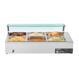 Kereskedelmi ételmelegítő, 1500 W-os elektromos rozsdamentes acél gőzölős ételmelegítő üvegfedővel, 6 x 1/2 méretű serpenyős büfé bain marie levessel és lyukas merőkanállal, vendéglátásba, éttermekbe és partikra - miniatúra 4