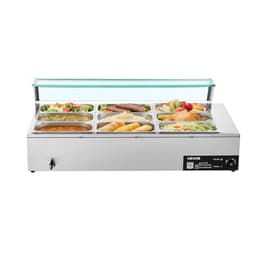 Kereskedelmi ételmelegítő, 1500 W-os elektromos rozsdamentes acél gőzölős ételmelegítő üvegfedővel, 9 serpenyős pulton elhelyezhető büfé bain marie levessel és perforált merőkanállal, vendéglátáshoz, éttermekhez és partikhoz - miniatúra 4