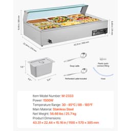 Kereskedelmi ételmelegítő, 1500 W-os elektromos rozsdamentes acél gőzölős ételmelegítő üvegfedővel, 9 serpenyős pulton elhelyezhető büfé bain marie levessel és perforált merőkanállal, vendéglátáshoz, éttermekhez és partikhoz - miniatúra 11