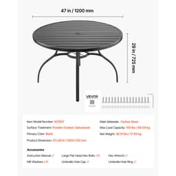 Kültéri terasz étkezőasztal, 120 cm-es kerek fém acélléces hátsó udvari bisztróasztalok, 38 mm-es napernyőlyukkal, kültéri, minden időjárási körülmény között használható nagyméretű bútor gyepkerti verandára, fekete - miniatúra 11