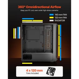 PC Gamer Ház, Mid-Tower, Számítógép Ház Nagy Légáramlású Edzett Üveg Panellel, Porszűrővel, 4 x 120 mm-es Ventilátorral, Kábelrendezéssel, Akár 270 mm Hosszú GPU-hoz, ATX/M-ATX/ITX Kompatibilis - miniatúra 8